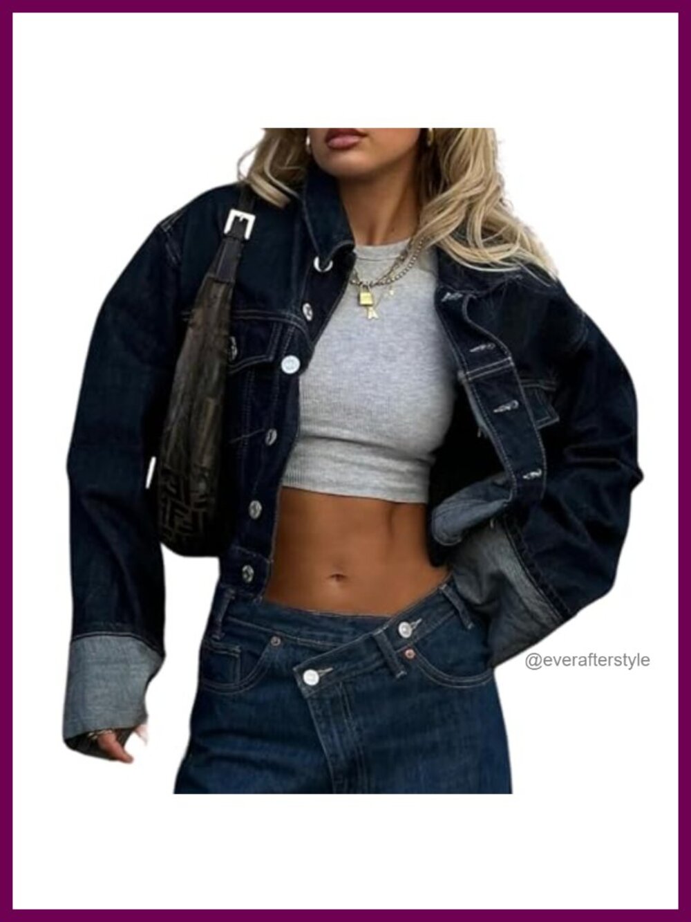 Women's Cropped Denim Jacket Button Up Long Sleeve Turn-Up Cuff Jean Jacket